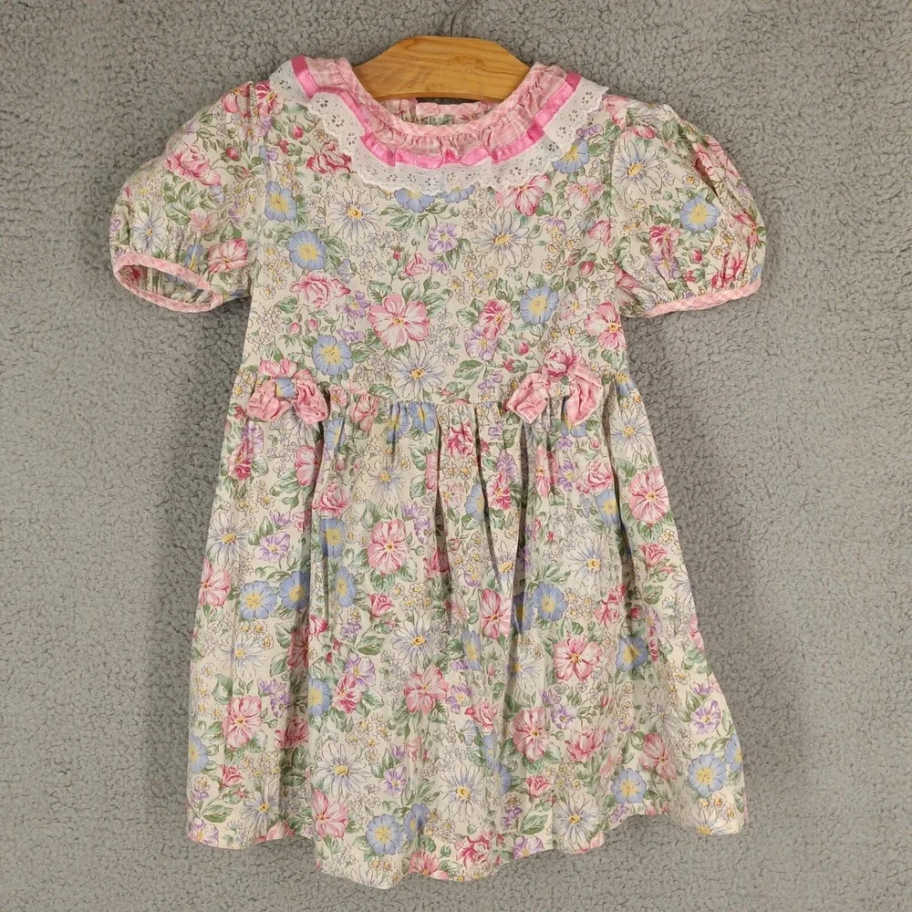 Vintage Roanna Size 6 Floral Dress Girls Pink Blue‎ Puff Sleeve Party Cute